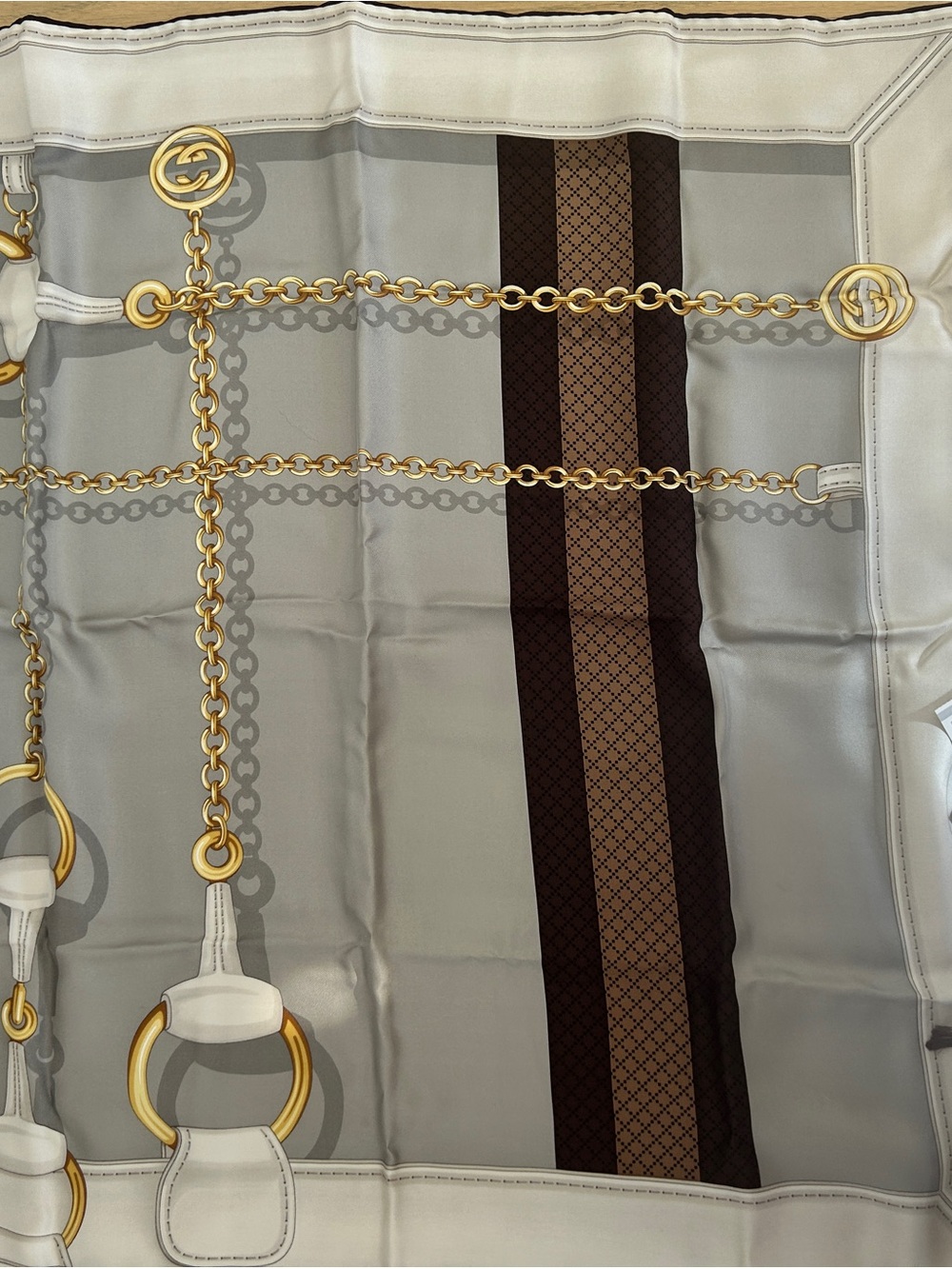 Gucci Gray and Brown Silk Scarf with Gold Chain Print